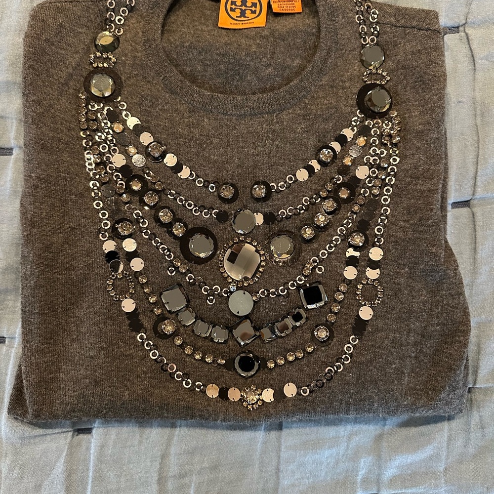 Tory Burch Gray Sweater with Gemstone Necklace Detail